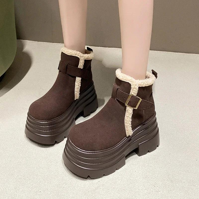 Fashion 10CM New Winter Women's Warm Snow Boots Outdoor Plush Ankle Shoes Anti-skid Chunky Leather Sneakers Buckle Short Fur Boots Woman