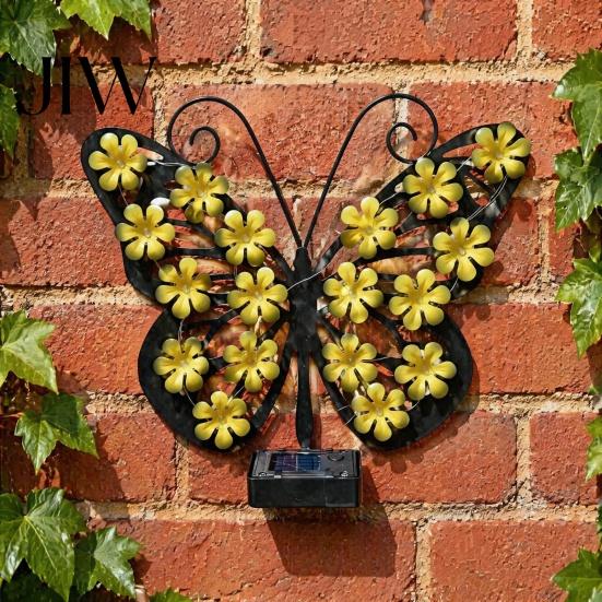 Decorative Butterfly Fence Lights 2Pcs Solar Outdoor Metal Wall Decor, IP65 Waterproof Garden Art with Lights, Hanging for Patio Porch