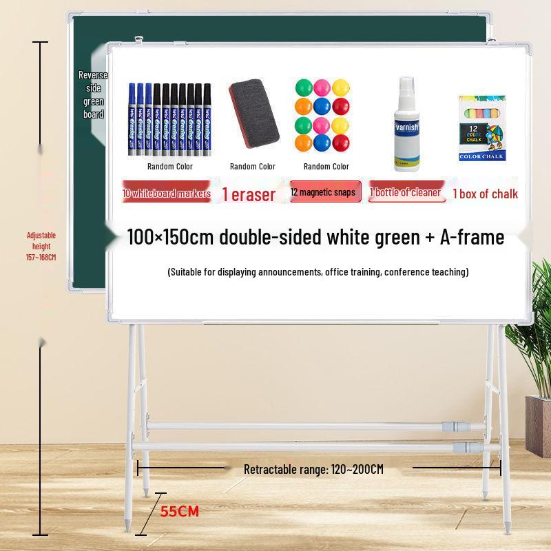 Dual-Sided Magnetic Whiteboard & Blackboard, Mobile Stand, Erasable, for Home, Office, or Classroom.