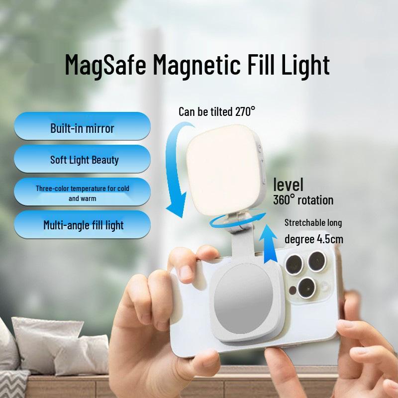 Luz de Preenchimento Magnética Portátil: Espelho dobrável para selfies e maquiagem para transmissões ao vivo e fotografia.