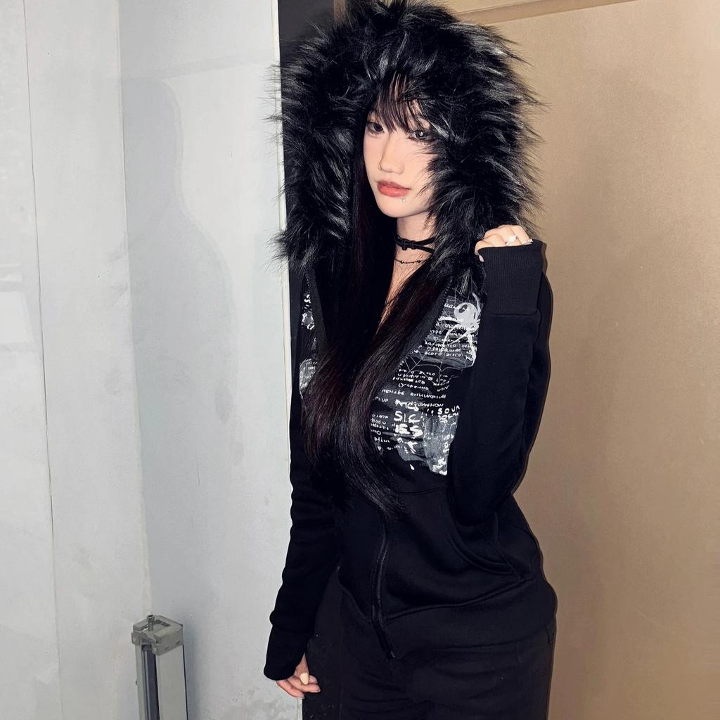 VAYLA Y2k Fur Patchwork Grunge Hoodies Women Streetwear Vintage Harajuku Gothic Print Hooded Sweatshirt Coat Aesthetic Slim Jacket