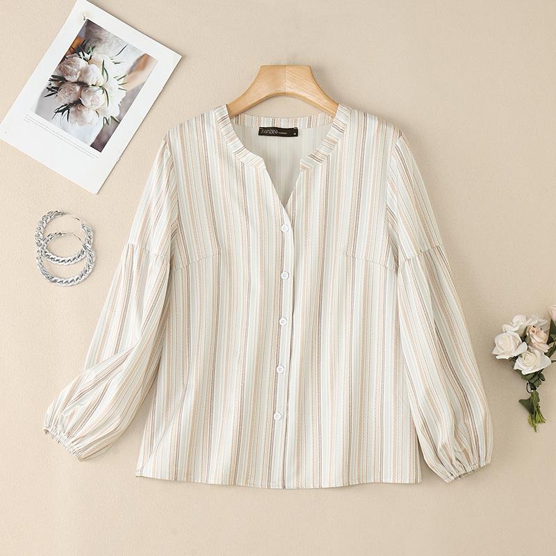 

ZANZEA Женская повседневная блузка с V-образным вырезом, свободного кроя, с длинным рукавом, в полоску 5XL хаки