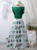 Women's Summer Floral Hi-Low Dress ,Ruffle Sleeve Green Dress with Belt, Casual Boho High Waist Long Dresses