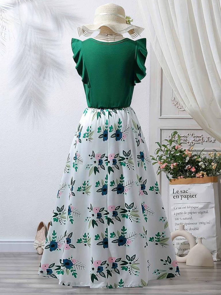 Women's Summer Floral Hi-Low Dress ,Ruffle Sleeve Green Dress with Belt, Casual Boho High Waist Long Dresses
