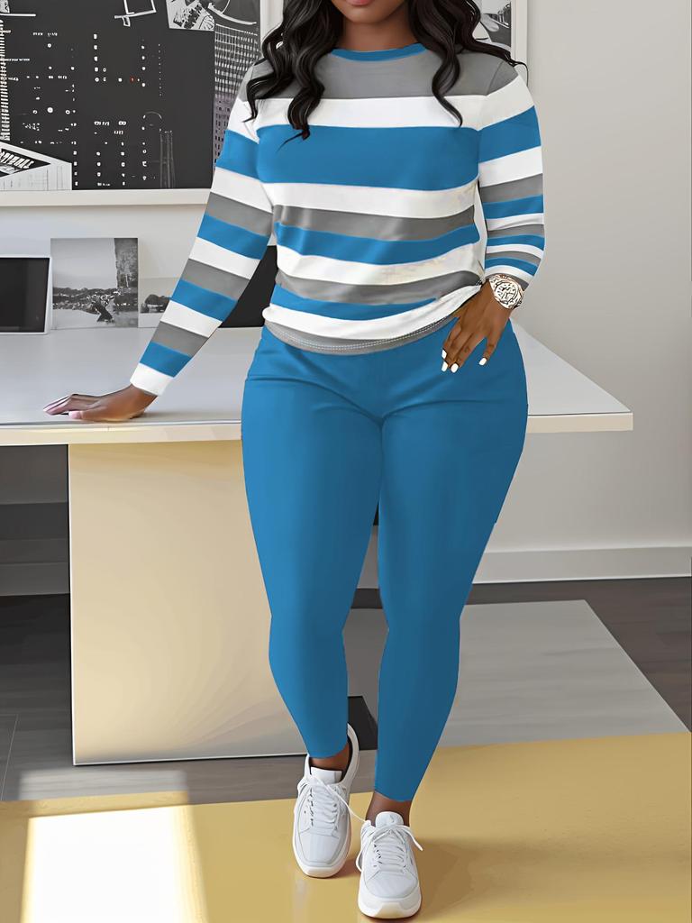 Women's Two-Piece Letter Print Striped Set: Casual Long-Sleeve T-Shirt & Sweatpants/Leggings