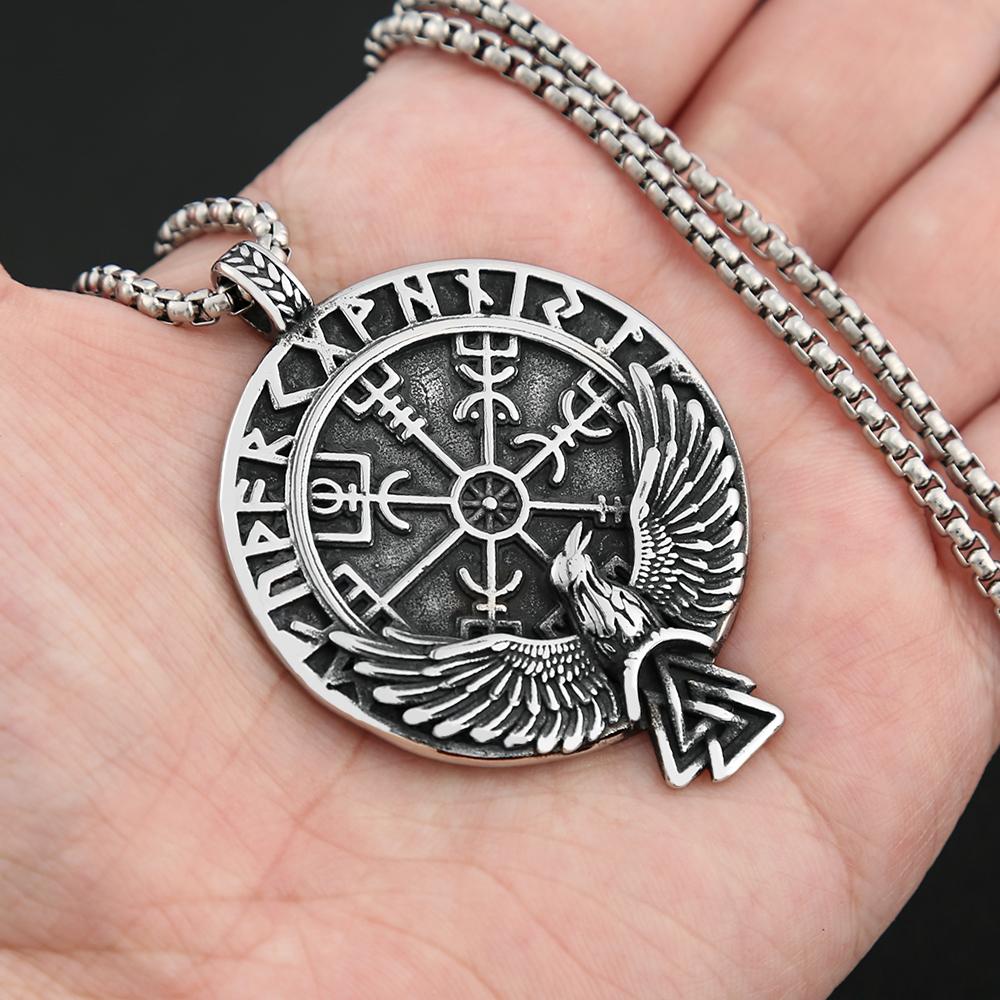 Nordische Wikinger Edelstahl Kompass Rune Anhänger Halskette Für Männer Frauen Vintage Odin Rabe Halsketten Amulett Schmuck Großhandel