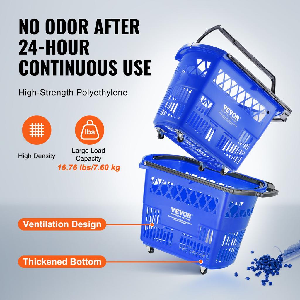 VEVOR Shopping Baskets, 6PCS, 39L Shopping Carts with Handles, Plastic Rolling Shopping Basket with Wheels