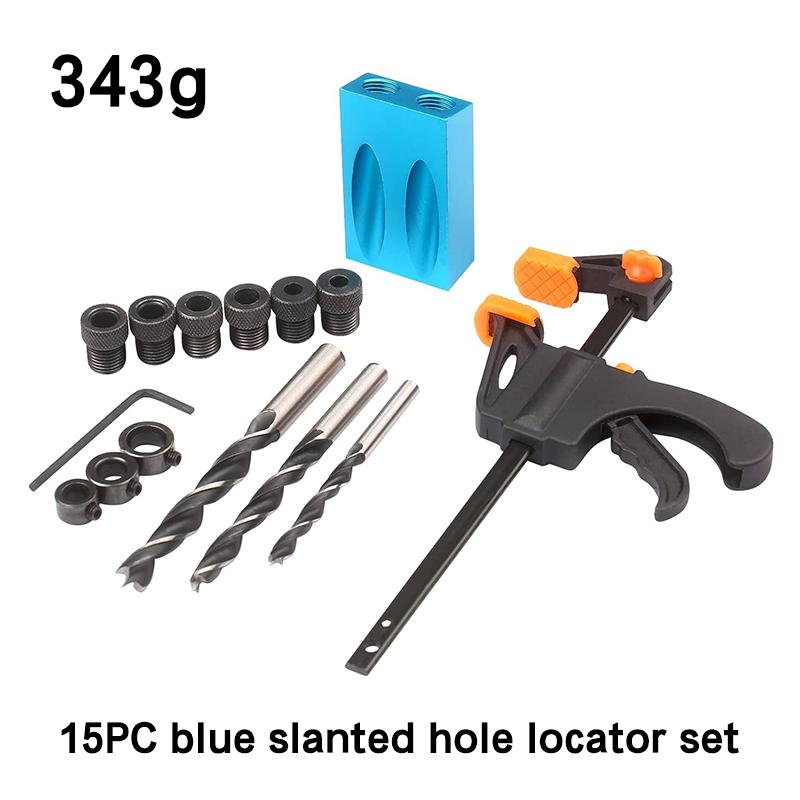 7-15pc Blue 15° Inclined Hole Locator Woodwork Drilling Adjustment Limiter F Clamp Three Point Woodwork Drill Installation Tool