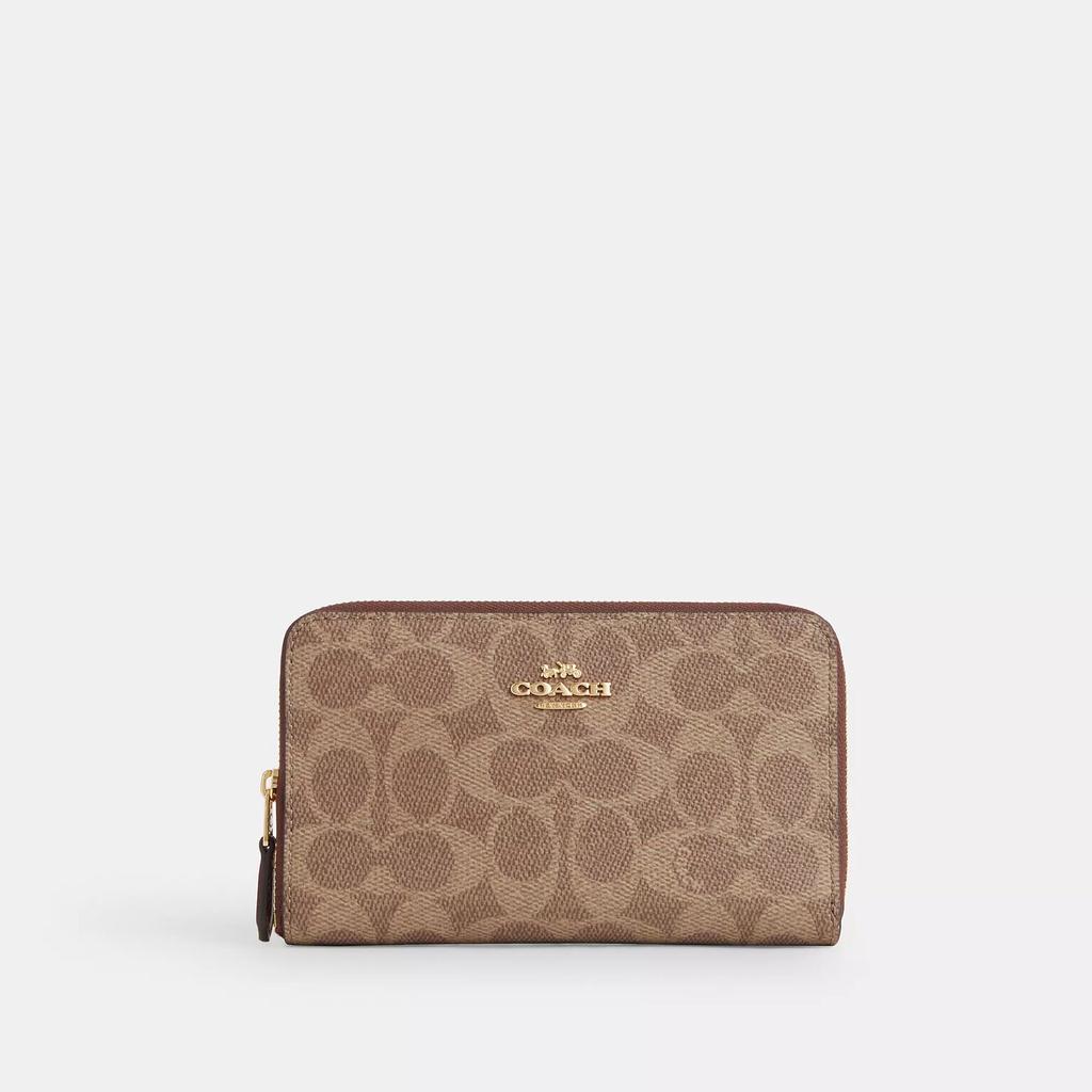 Coach Medium Id Zip Wallet In Signature Canvas Gold Sand Chalk