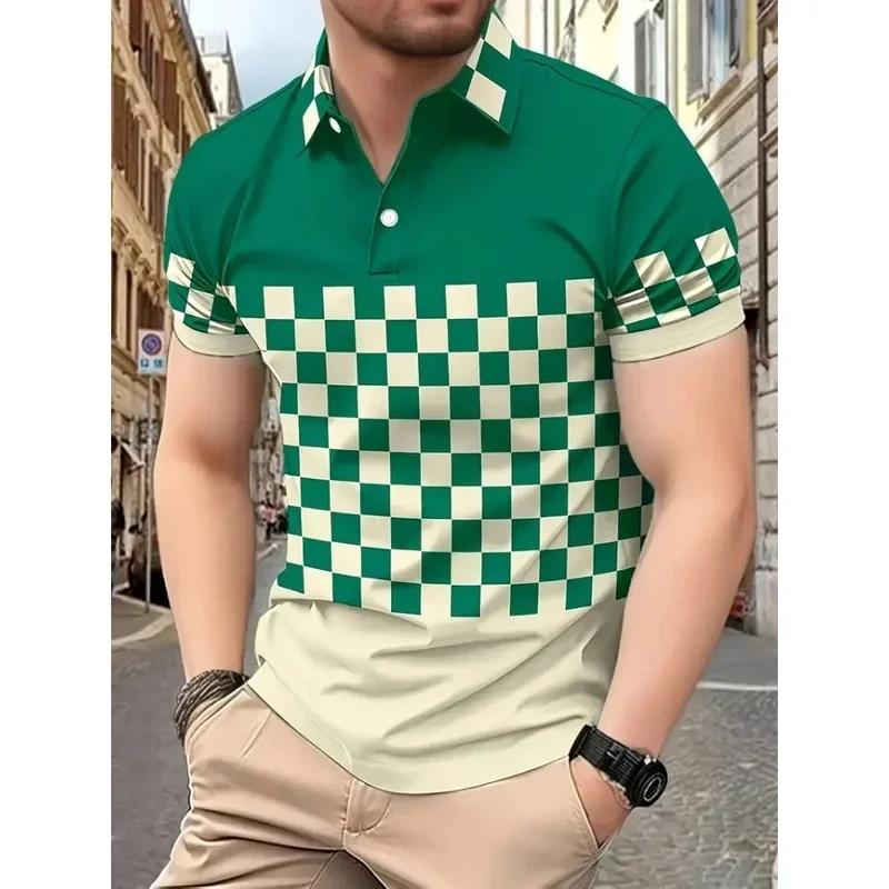 Summer Men's Casual Polo Shirt Short Sleeve Lapel Button Tshirt for Men Casual Streetwear Lightweight Jogging Tops Grid Printing