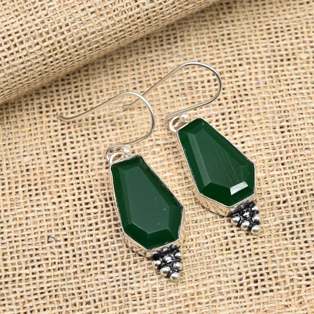 Faceted Green Onyx Gemstone Handmade 925 Sterling Silver Wedding Jewelry Earring