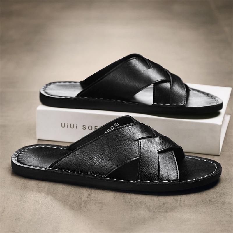 Men Slippers Handmade Simple Flats Sandals Outdoor Summer Brown Roman Sandals Open Toe Beach Shoes Plus Size