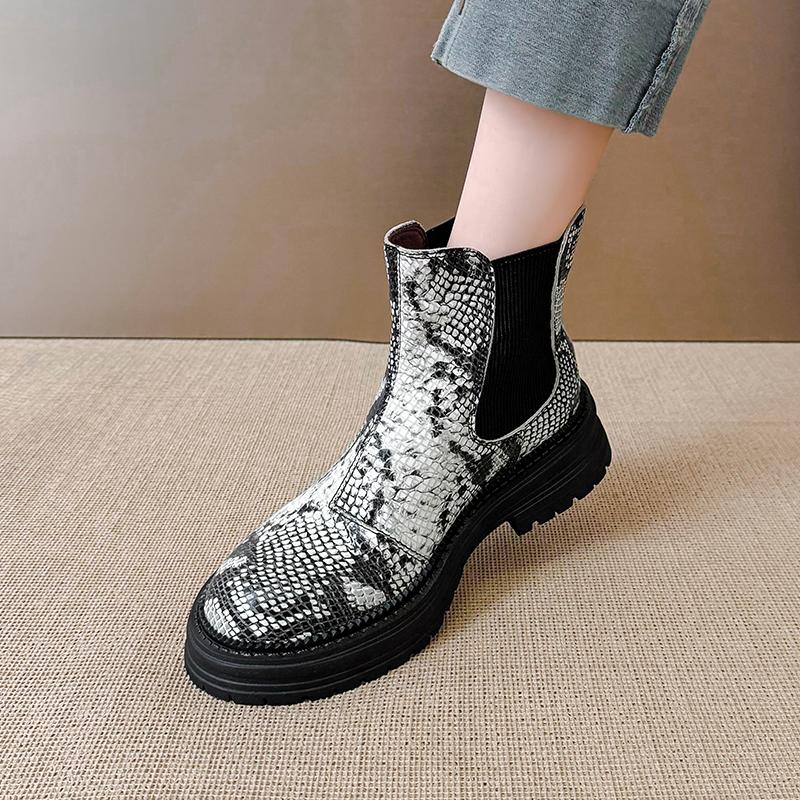 Fashion 2025 New Women Shoes Genuine Leather Mid Block Heels Chelsea Boots Autumn Winter Black Brown Snake Round Toe Slip-On Ankle Boots