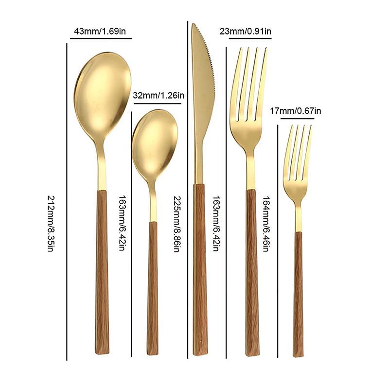 5 szt. Imitacja Drewnianego Uchwytu Złoty Srebrny Zestaw Sztućców Nóż Widelec Łyżka Naczynia Stołowe Kuchenne Deserowe Obiadowe