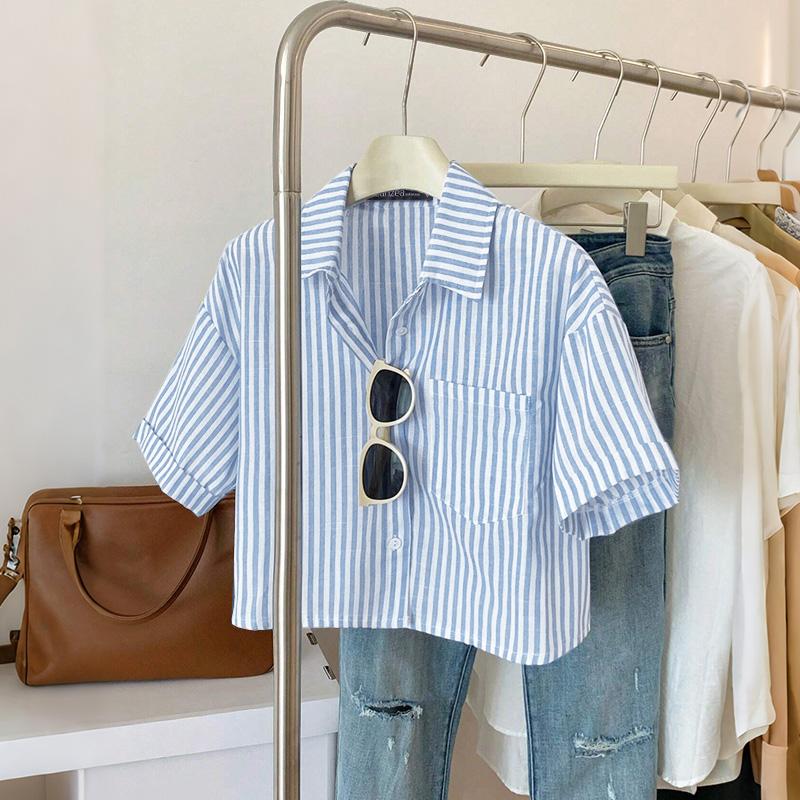 ZANZEA Dámská letní halenka s krátkým rukávem a límečkem, pruhovaná