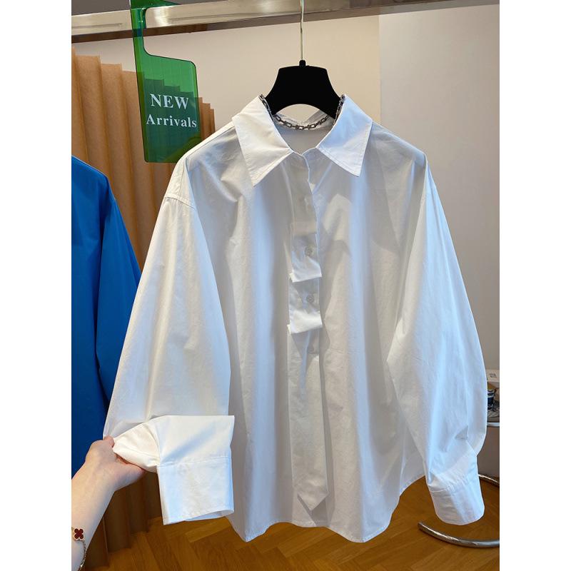 2025 Spring Women's Versatile Loose-Fit Cotton Polo Shirt - Solid Color, Long Sleeve, Commuting Style