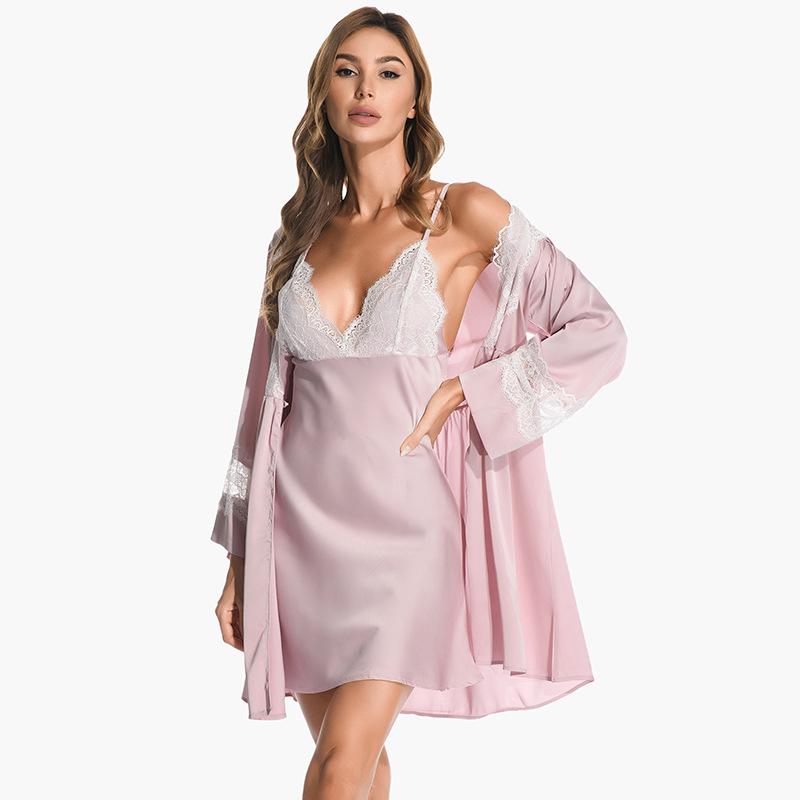 Luxury pajamas women's sexy deep V ice silk nightgown thin lace suspender nightdress home bathrobe two-piece set