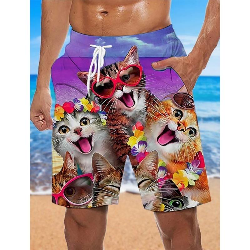 Men's Beach Shorts Summer Surfing Shorts Cat Pattern Casual Sports Shorts Men's Beach Shorts