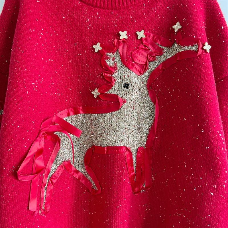 New Autumn/winter Christmas Sweater Women's Ribbon Gold Thread Jacquard Deer Round Neck Thick Knit Pullover