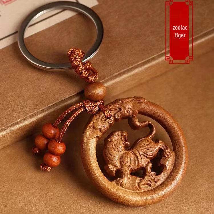 Peach Wood Zodiac Keychains: Year of the Dragon Pendant with Rat, Ox, Tiger Carvings - Carry-on Ornament Gift