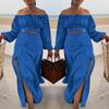 TM9067 European & American Off-the-Shoulder Slit Vacation Long Dress Two-Piece Set: Spring/Autumn Casual Style