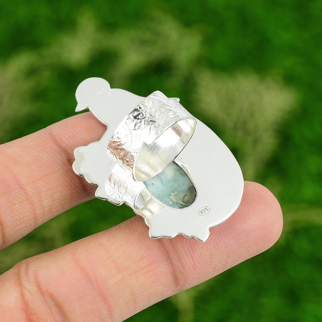 Natural Larimar Gemstone 925 Silver Promise Bird Adjustable Ring For Girls