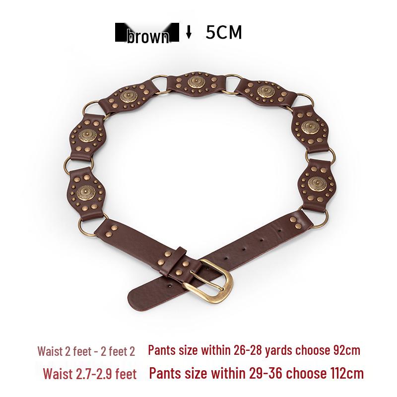 

Винтажный кожаный ремень-цепочка на талию в стиле Гонконга с заклепками и плетеными элементами для этнического образа в стиле Y2K