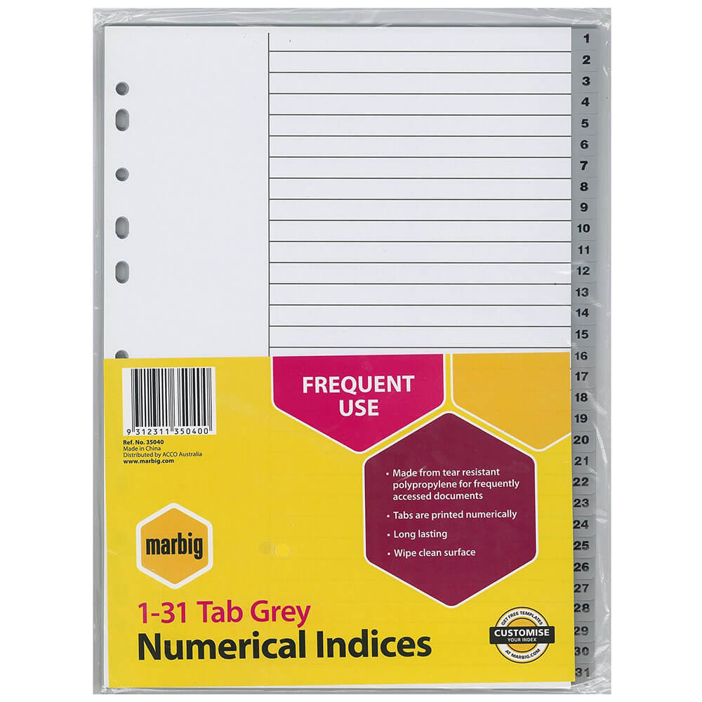 Marbig Numerische Register & Trennblätter A4 (grau) (1-31 Tab)