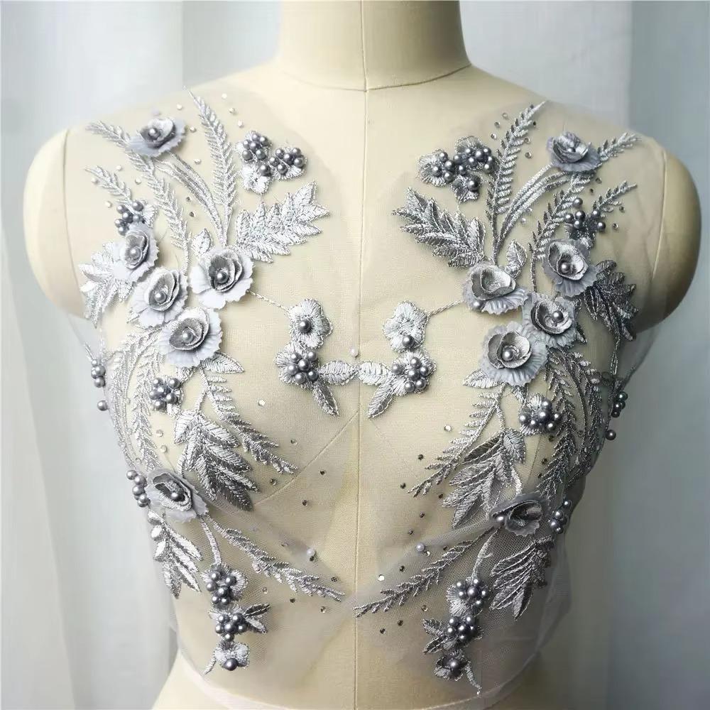 Appliques Sew White Black Wedding Gown Appliques 3D Flower Tassel Beads Lace Appliques Sew Patch