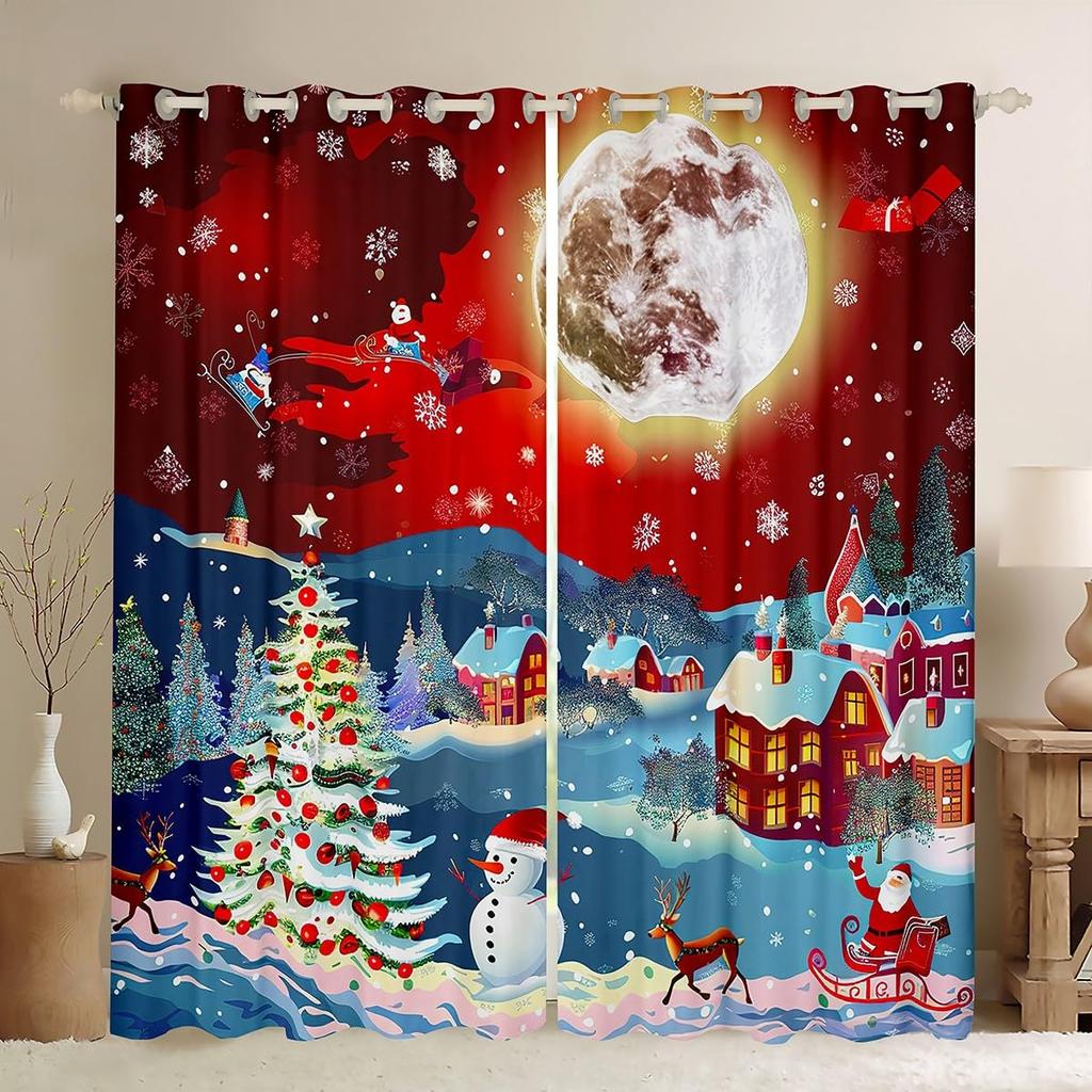 Blackout Christmas Tree Curtain Cute Santa Claus Living Room Decor Cartoon Snowman Window Curtains Drape Made Of Polyester Washable Sitting Ready