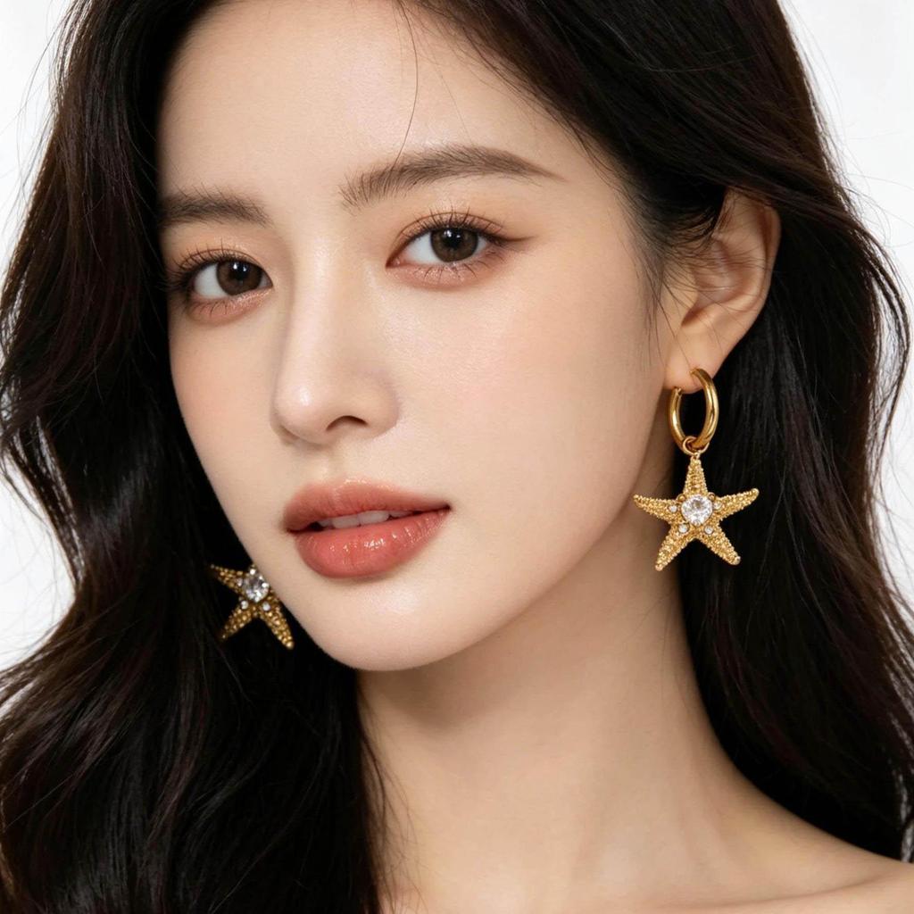 Gold-Starfish Zircon Earrings: Women's Vacation Style, Chic & Elegant Niche Design, Vibrant Fashion Statement