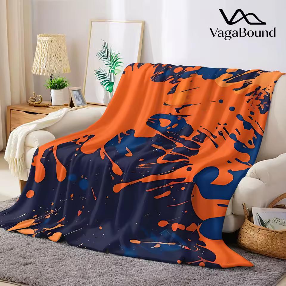 Navy Orange Paint Splash Flannel Blanket Warm Soft Halloween Christmas Decorative Couch Warm Cozy All-Season Gift