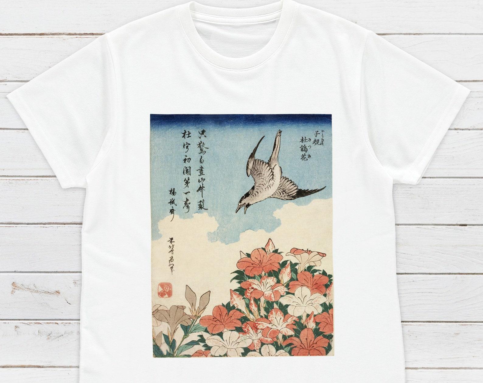 Ukiyo-e T-Shirt: Hokusai Bird & Azalea Woodblock Art S
