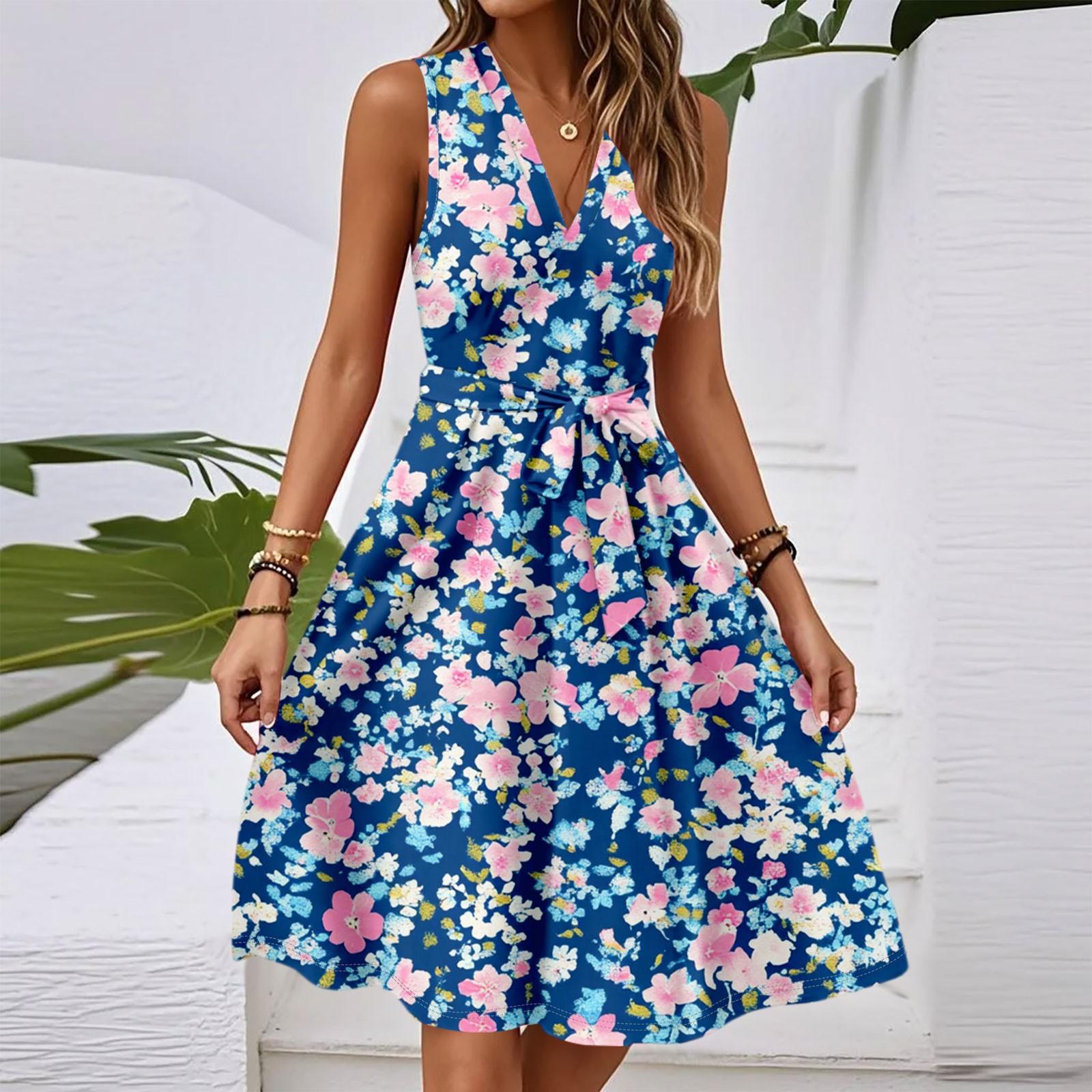 

Женское весенне-летнее повседневное платье миди с V-образным вырезом без рукавов и цветочным принтом на талии XXL