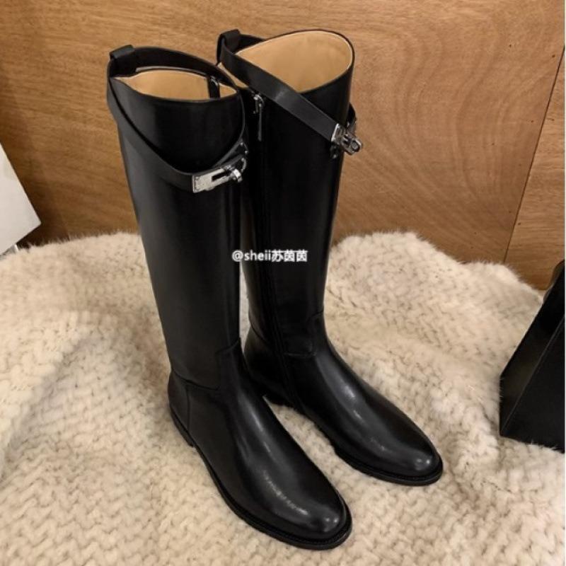 Cowhide Version~ Long Boots Retro and Thin Leather Thick-soled Knight Boots Women's Small Gold Buckle Thick Heel Long Boots High Boots