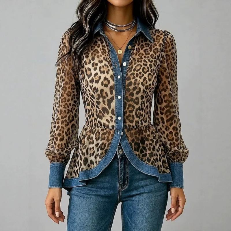 2026 New Style Women's Casual Fashion Patchwork Denim Shirt with Leopard Print and Single Button Closure