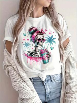 Skull Print Crew Neck T-Shirt for Women Short Sleeve Casual Top for Summer & Spring Shirts for Women Y2k Top