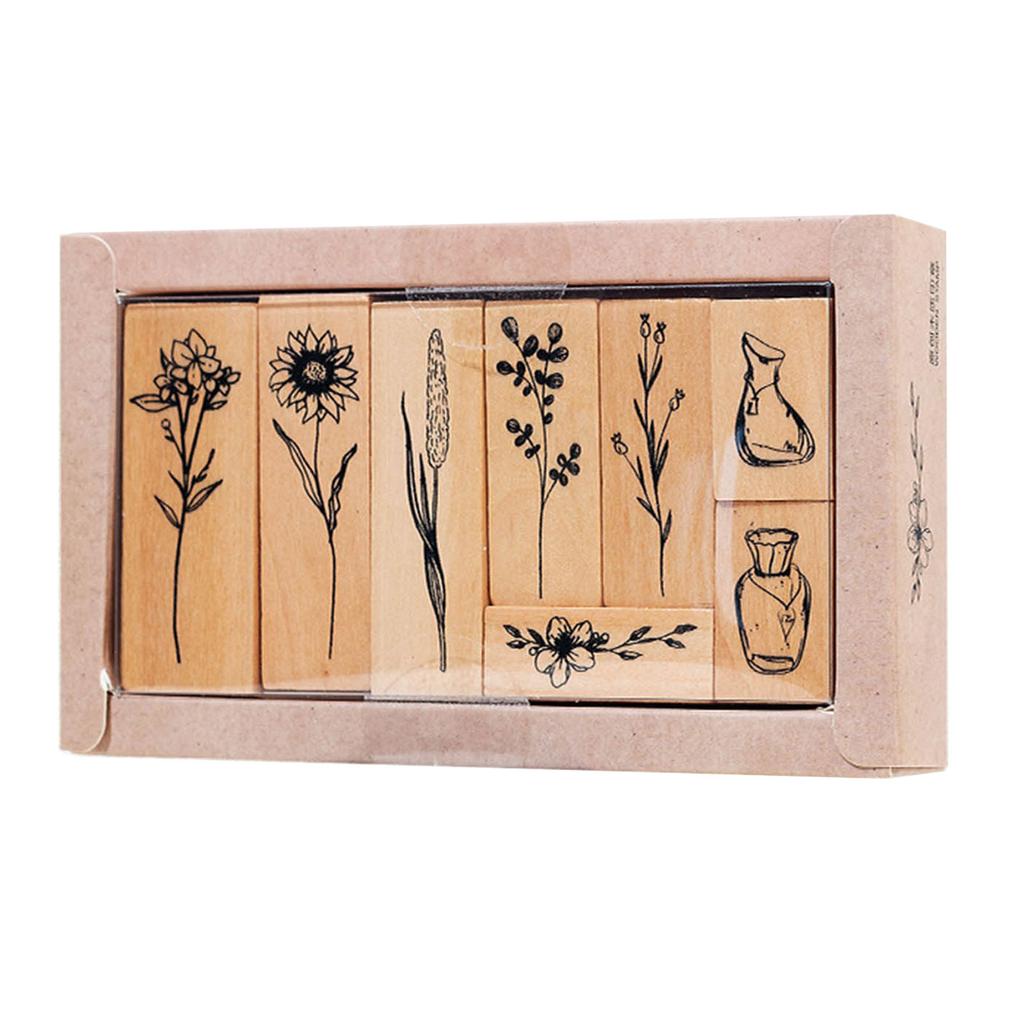 8 Pieces Vintage Decorative Wooden Rubber Stamp Plant Wooden Rubber Stamps for Scrapbooking Dairy Gift Wrap Card Making