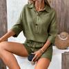 Fashionable Women's  Color Cotton And Linen Lapel Short Sleeved Slim Belt Shorts Casual Set