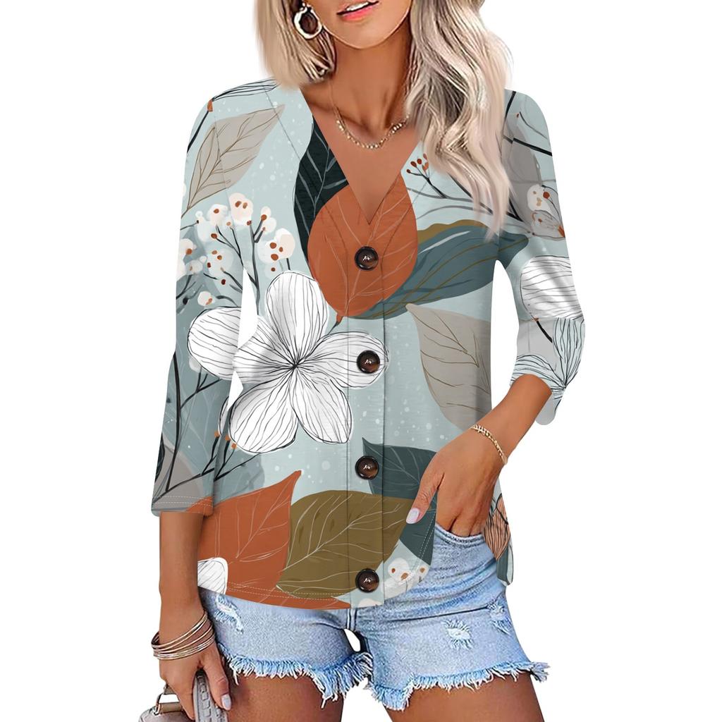 Women's Casual Fashion Floral Print Three-quarter Sleeve Button Cardigan Top