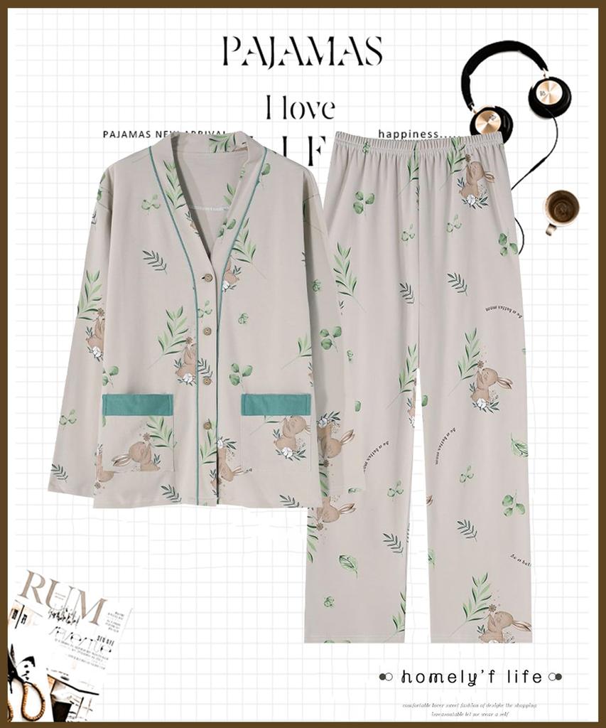 PHOLEEY Pajama Set with Relaxed Perfect for Spring and Autumn Women's V-Neck Cardigan, Fit,