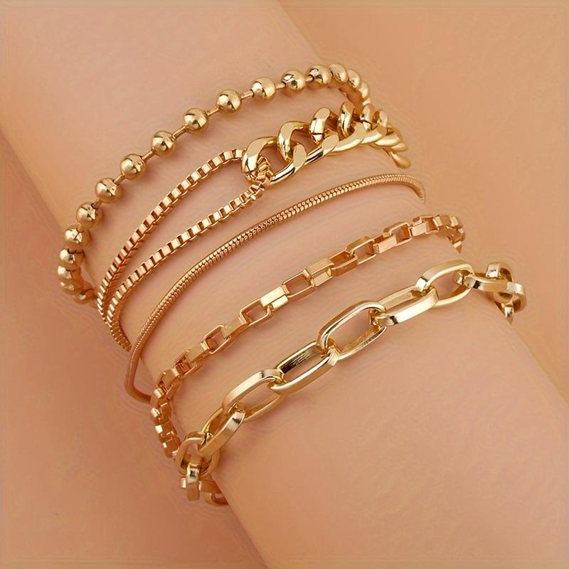 5Pcs Stackable Gold Chain Bracelet Set Mixed Thick Curb Box Snake Bead Link Minimalist Layering Wrist Jewelry for Women