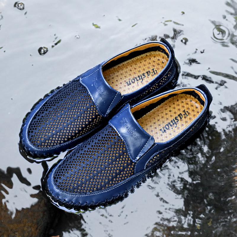 Men's Breathable Mesh Summer Sandals - Size 50, Soft Sole Slip-on Leather Shoes for Dad