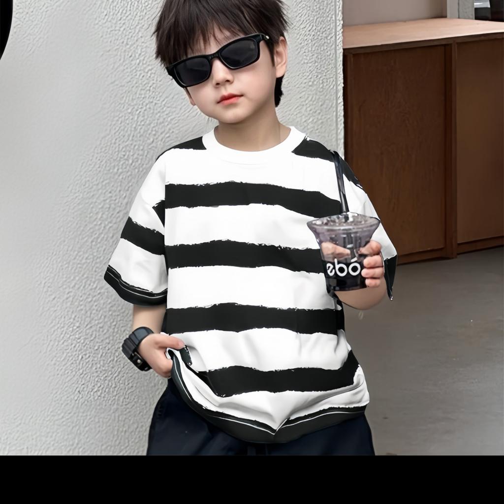 Ubrania dziecięce chłopięce koszulka w paski z krótkim rękawem dziecięca z rękawem do łokcia letnia chłopięca letnie topy