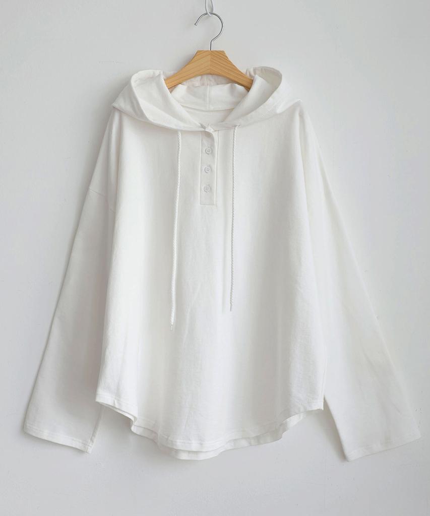 Loose-Fit Drawstring Button Long-Sleeve Hoodie