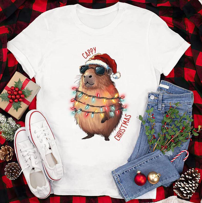 Cappy Christmas Lights Capybara Xmas Animal Lover Unisex T-Shirt S-5XL CS1056 Unisex T-Shirt XXL