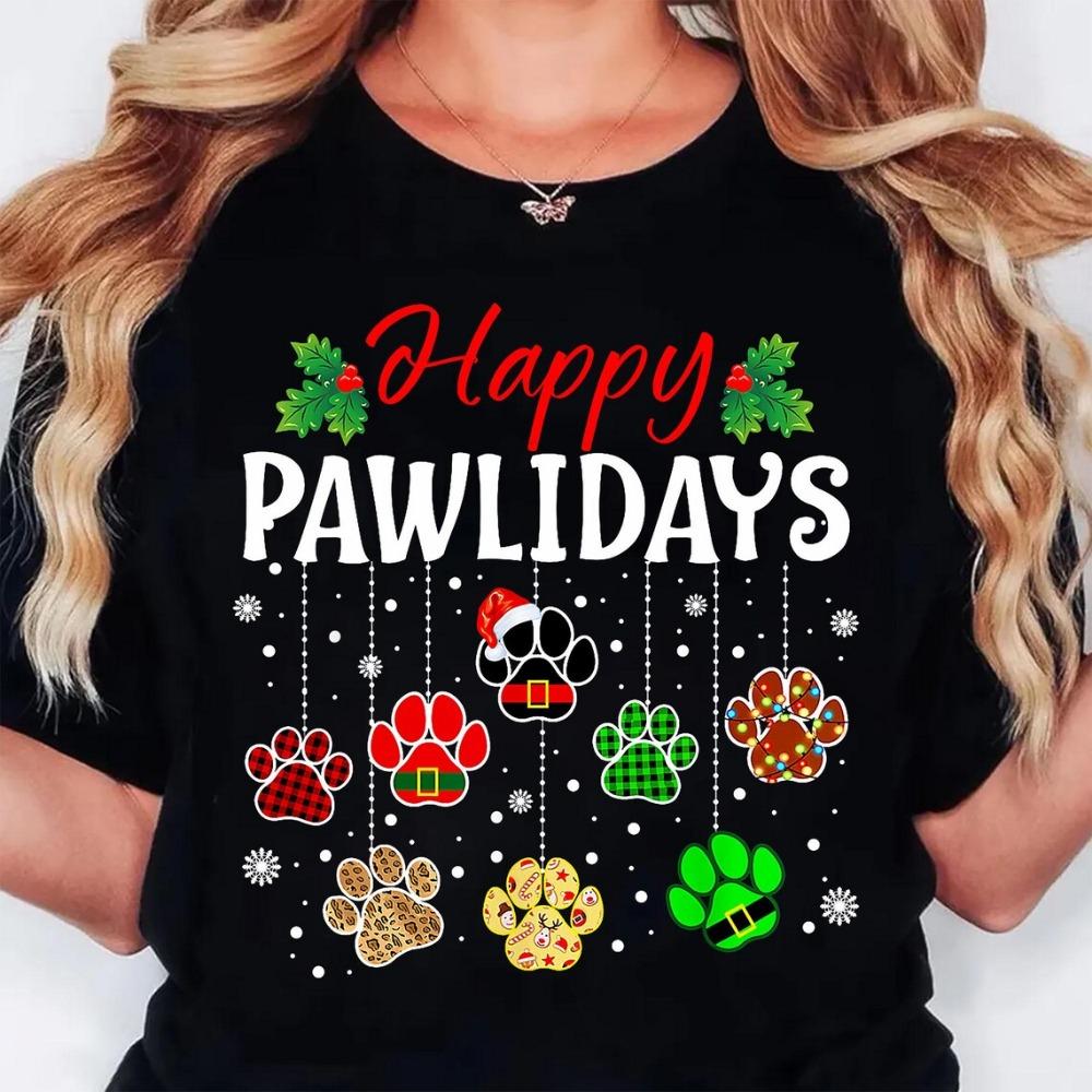 Dog Paw Print Christmas T-shirt for Women, Kawaii Cartoon Y2k T-shirt, Streetwear, Harajuku Round Neck T-shirt, Women's Clothing