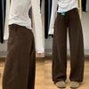 2025 Autumn/Winter Women's Plus Size High Waist Mocha Brown Wide Leg Velvet Jeans - Slimming Retro Floor-Length Pants