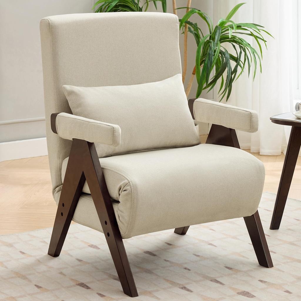 Schlafsessel mit Bettfunktion, Schlafsofa 3 in 1 Klappsessel mit Verstellbarer Rückenlehne, Holztablett, Kissen - Metallrahmen & Leinen - für Wohnz...