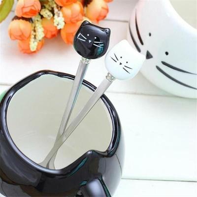 1 pz. Cartone animato carino creativo in ceramica gatto bianco e nero in acciaio inox frutta piccola forchetta caffè latte tè cucchiaio mescolatore